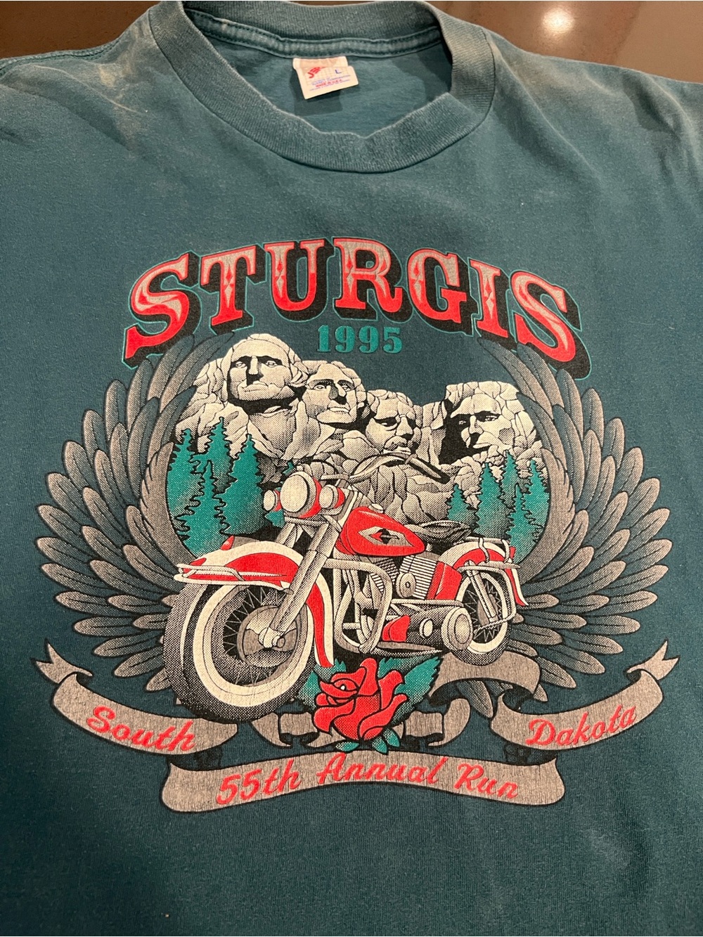Sturgis 1995 Motorcycle Graphic Tee - Teal with Red Accents